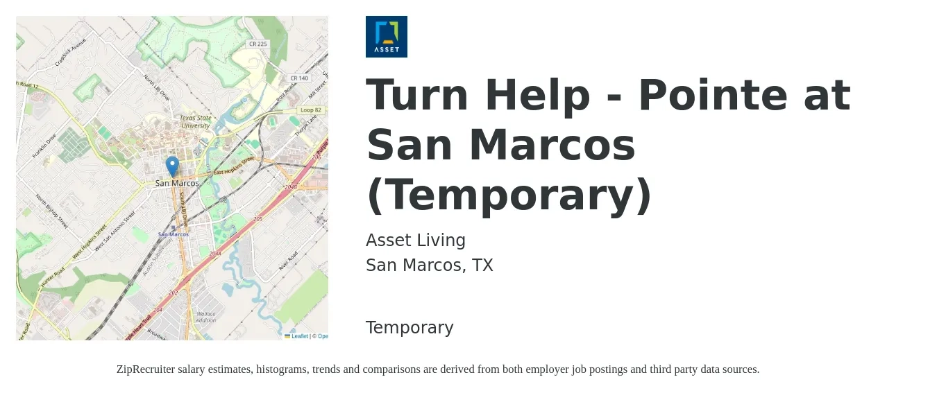 Asset Living job posting for a Turn Help - Pointe at San Marcos (Temporary) in San Marcos, TX with a salary of $17 to $23 Hourly with a map of San Marcos location.