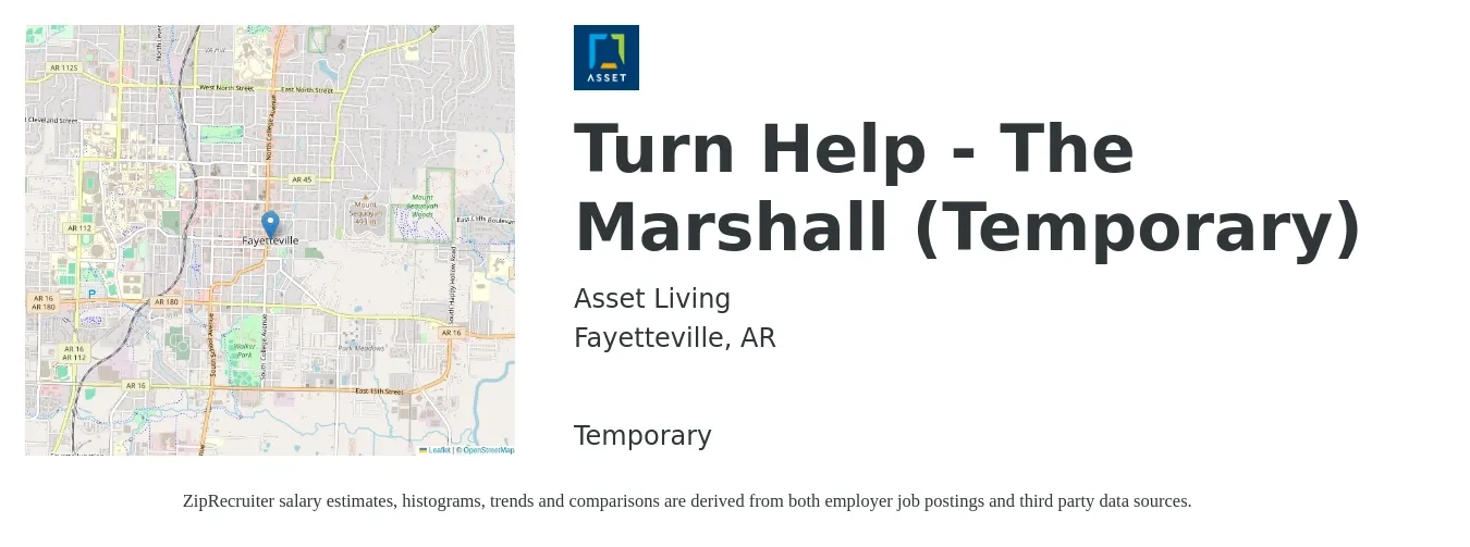 Asset Living job posting for a Turn Help - The Marshall (Temporary) in Fayetteville, AR with a salary of $18 to $24 Hourly with a map of Fayetteville location.