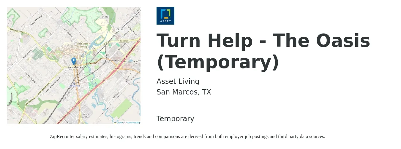 Asset Living job posting for a Turn Help - The Oasis (Temporary) in San Marcos, TX with a salary of $17 to $23 Hourly with a map of San Marcos location.
