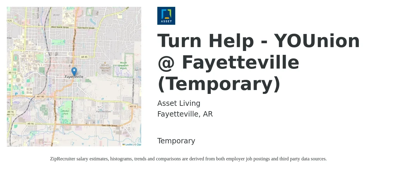 Asset Living job posting for a Turn Help - YOUnion @ Fayetteville (Temporary) in Fayetteville, AR with a salary of $18 to $24 Hourly with a map of Fayetteville location.