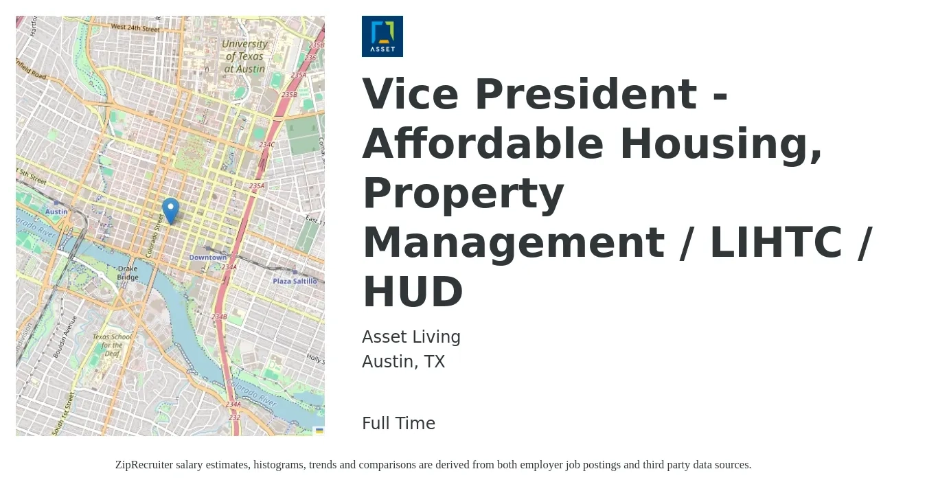 Asset Living job posting for a Vice President - Affordable Housing, Property Management / LIHTC / HUD in Austin, TX with a salary of $73,800 to $108,000 Yearly with a map of Austin location.