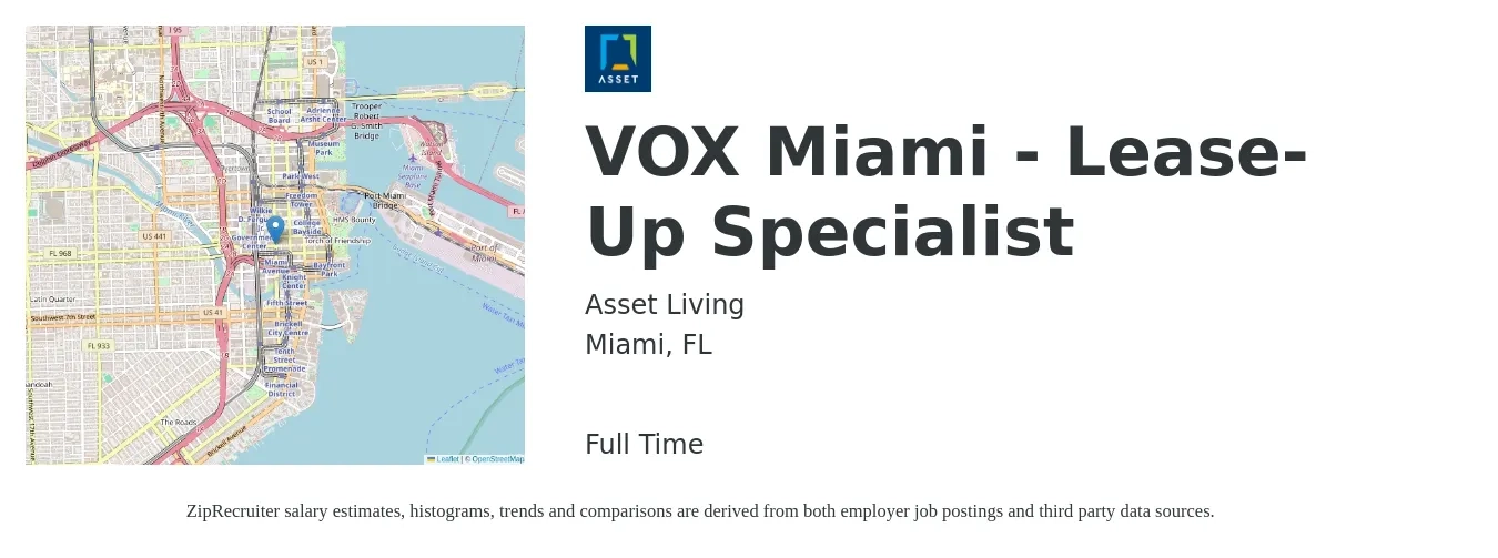 Asset Living job posting for a VOX Miami - Lease-Up Specialist in Miami, FL with a salary of $16 to $21 Hourly with a map of Miami location.