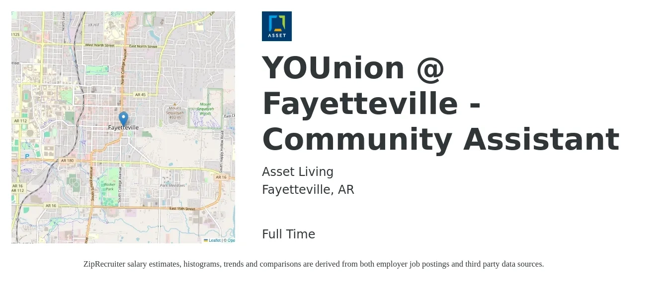 Asset Living job posting for a YOUnion @ Fayetteville - Community Assistant in Fayetteville, AR with a salary of $15 to $20 Hourly with a map of Fayetteville location.