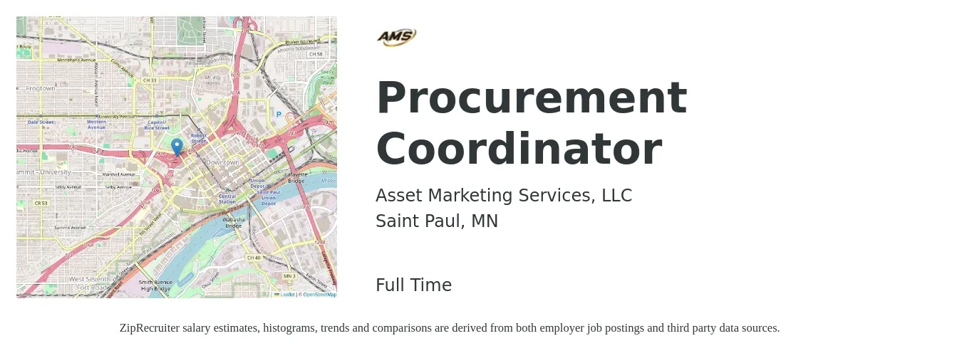 Asset Marketing Services, LLC job posting for a Procurement Coordinator in Saint Paul, MN with a salary of $48,900 to $78,000 Yearly with a map of Saint Paul location.