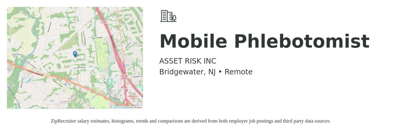ASSET RISK INC job posting for a Mobile Phlebotomist in Bridgewater, NJ with a salary of $18 to $24 Hourly with a map of Bridgewater location.