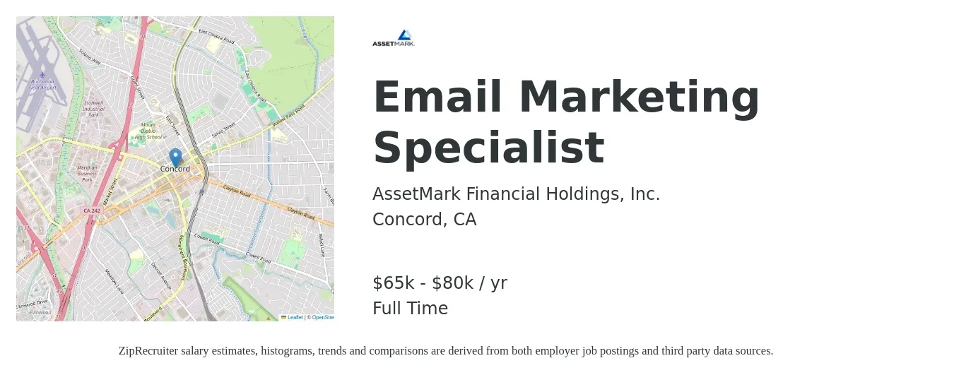 AssetMark Financial Holdings, Inc. job posting for a Email Marketing Specialist in Concord, CA with a salary of $65,000 to $80,000 Yearly with a map of Concord location.
