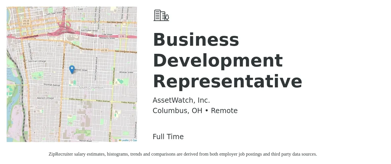 AssetWatch, Inc. job posting for a Business Development Representative in Columbus, OH with a salary of $43,500 to $67,600 Yearly with a map of Columbus location.