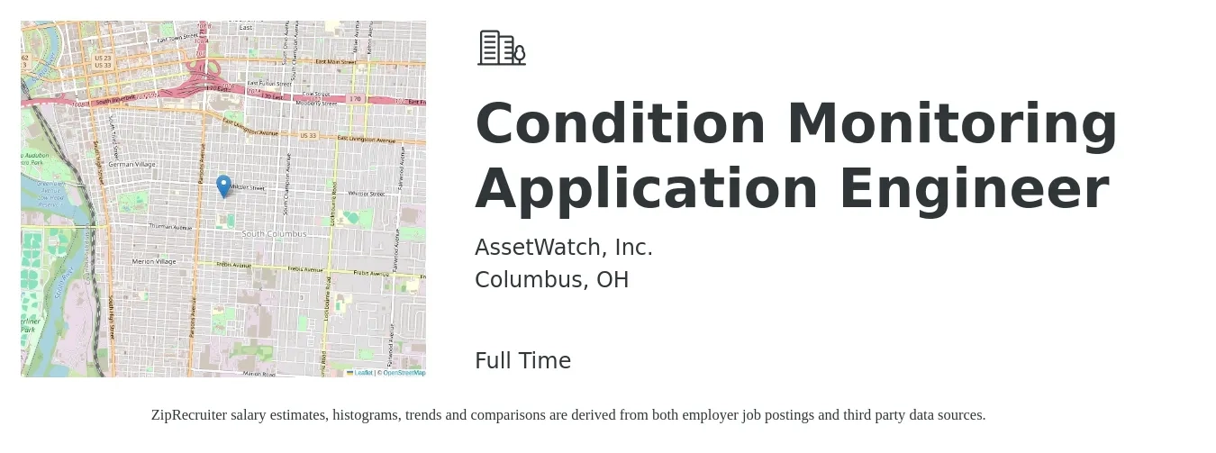 AssetWatch, Inc. job posting for a Condition Monitoring Application Engineer in Columbus, OH with a salary of $81,100 to $130,400 Yearly with a map of Columbus location.