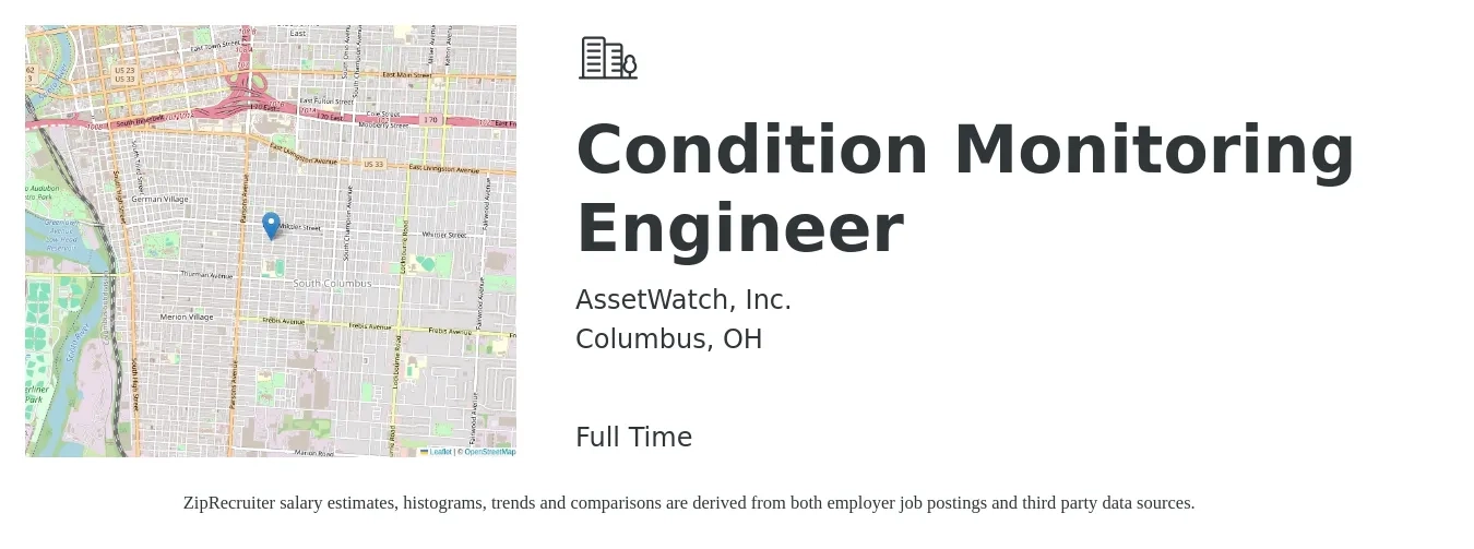 AssetWatch, Inc. job posting for a Condition Monitoring Engineer in Columbus, OH with a salary of $86,900 to $111,100 Yearly with a map of Columbus location.