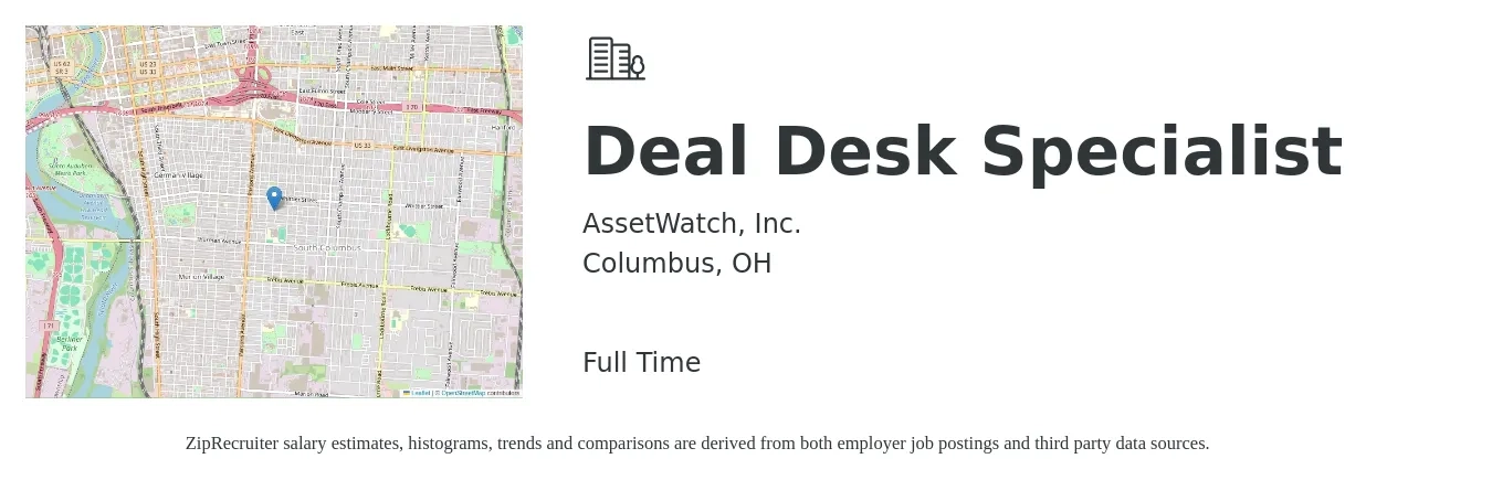 AssetWatch, Inc. job posting for a Deal Desk Specialist in Columbus, OH with a salary of $22 to $33 Hourly with a map of Columbus location.