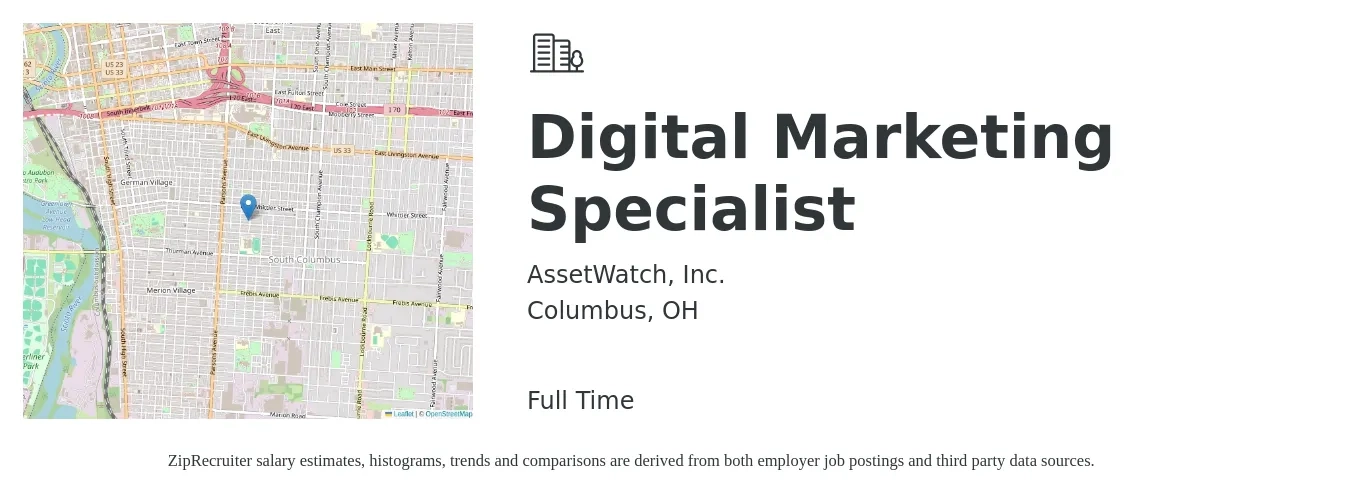 AssetWatch, Inc. job posting for a Digital Marketing Specialist in Columbus, OH with a salary of $48,300 to $72,000 Yearly with a map of Columbus location.