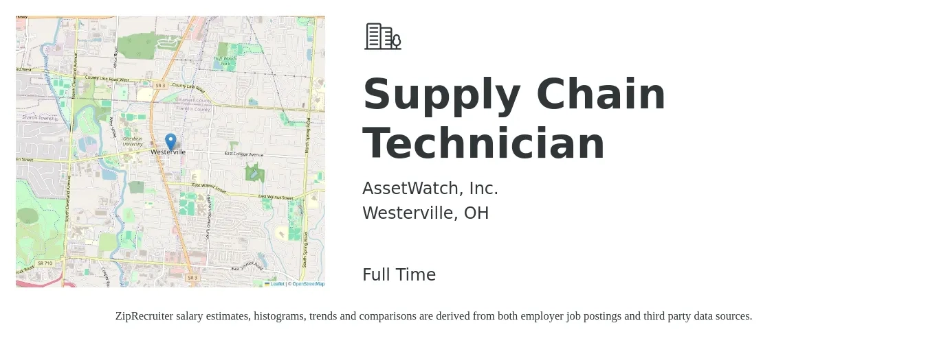 AssetWatch, Inc. job posting for a Supply Chain Technician in Westerville, OH with a salary of $17 to $25 Hourly with a map of Westerville location.