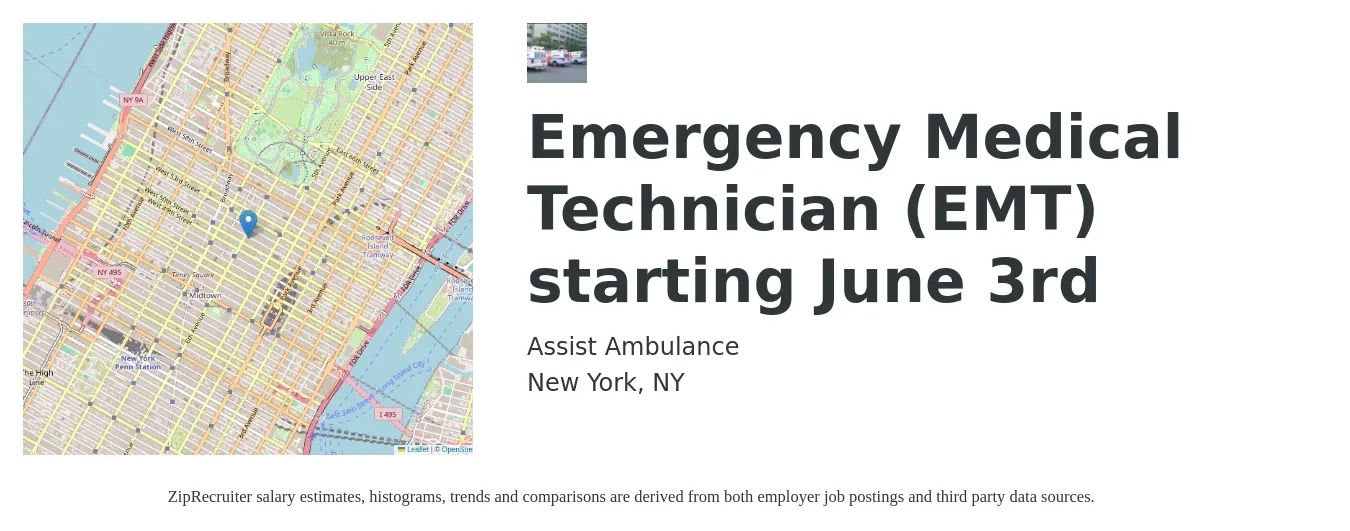 Assist Ambulance job posting for a Emergency Medical Technician (EMT) starting June 3rd in New York, NY with a salary of $20 to $22 Hourly with a map of New York location.
