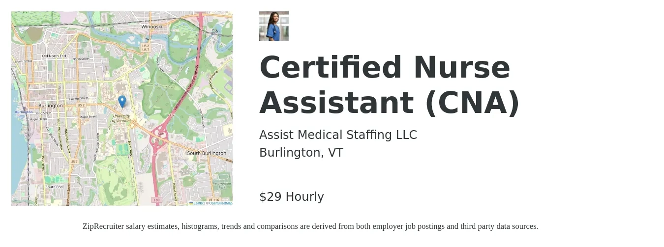 Assist Medical Staffing LLC job posting for a Certified Nurse Assistant (CNA) in Burlington, VT with a salary of $31 Hourly with a map of Burlington location.