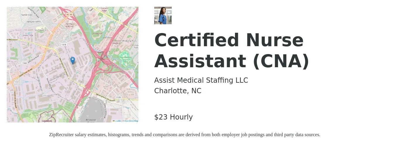 Assist Medical Staffing LLC job posting for a Certified Nurse Assistant (CNA) in Charlotte, NC with a salary of $24 Hourly with a map of Charlotte location.