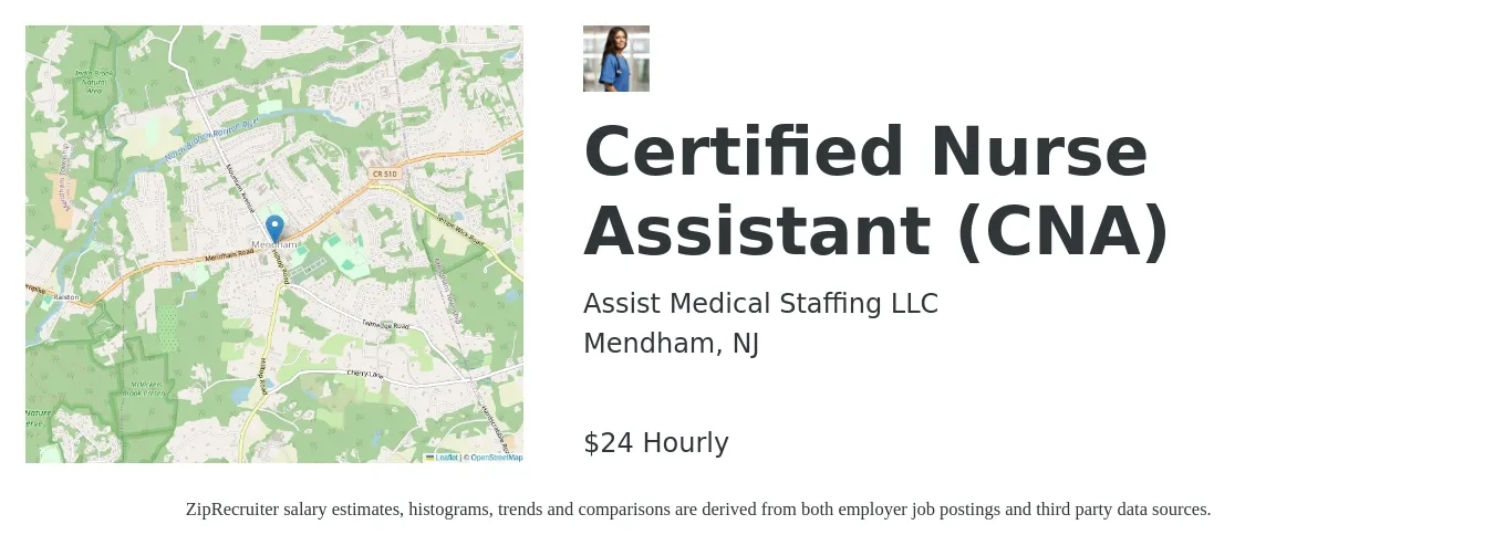 Assist Medical Staffing LLC job posting for a Certified Nurse Assistant (CNA) in Mendham, NJ with a salary of $25 Hourly with a map of Mendham location.