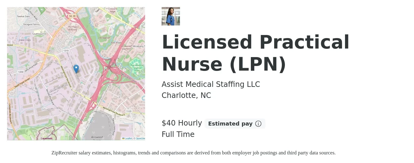 Assist Medical Staffing LLC job posting for a Licensed Practical Nurse (LPN) in Charlotte, NC with a salary of $42 Hourly with a map of Charlotte location.