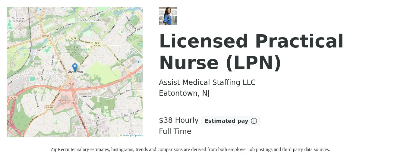 Assist Medical Staffing LLC job posting for a Licensed Practical Nurse (LPN) in Eatontown, NJ with a salary of $47 to $48 Hourly with a map of Eatontown location.