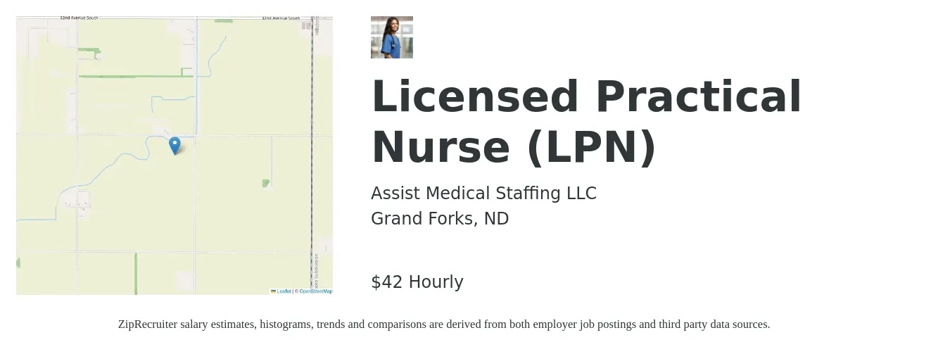 Assist Medical Staffing LLC job posting for a Licensed Practical Nurse (LPN) in Grand Forks, ND with a salary of $44 Hourly with a map of Grand Forks location.