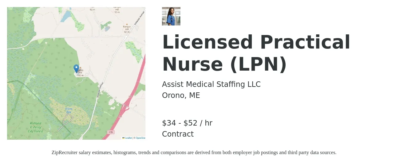 Assist Medical Staffing LLC job posting for a Licensed Practical Nurse (LPN) in Orono, ME with a salary of $36 to $55 Hourly with a map of Orono location.