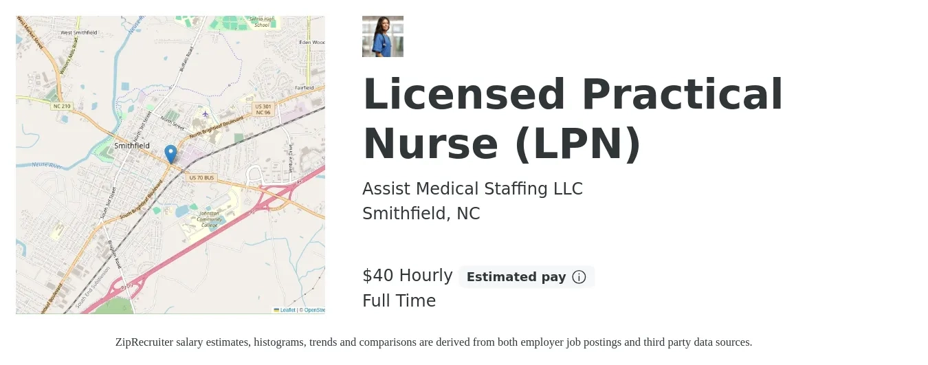 Assist Medical Staffing LLC job posting for a Licensed Practical Nurse (LPN) in Smithfield, NC with a salary of $42 Hourly with a map of Smithfield location.