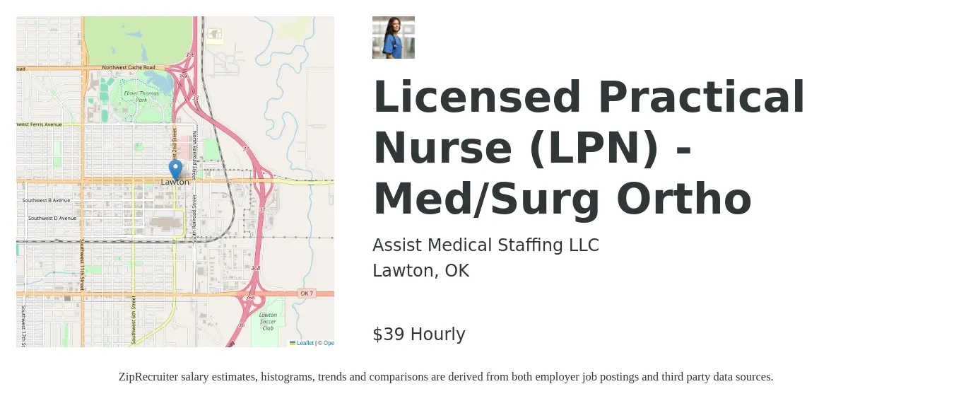Assist Medical Staffing LLC job posting for a Licensed Practical Nurse (LPN) - Med/Surg Ortho in Lawton, OK with a salary of $41 Hourly with a map of Lawton location.