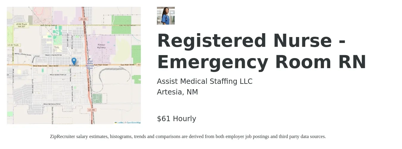 Assist Medical Staffing LLC job posting for a Registered Nurse - Emergency Room RN in Artesia, NM with a salary of $64 Hourly with a map of Artesia location.