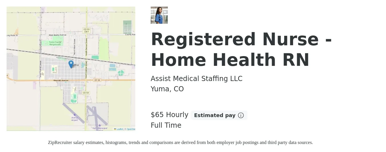 Assist Medical Staffing LLC job posting for a Registered Nurse - Home Health RN in Yuma, CO with a salary of $65 Hourly with a map of Yuma location.