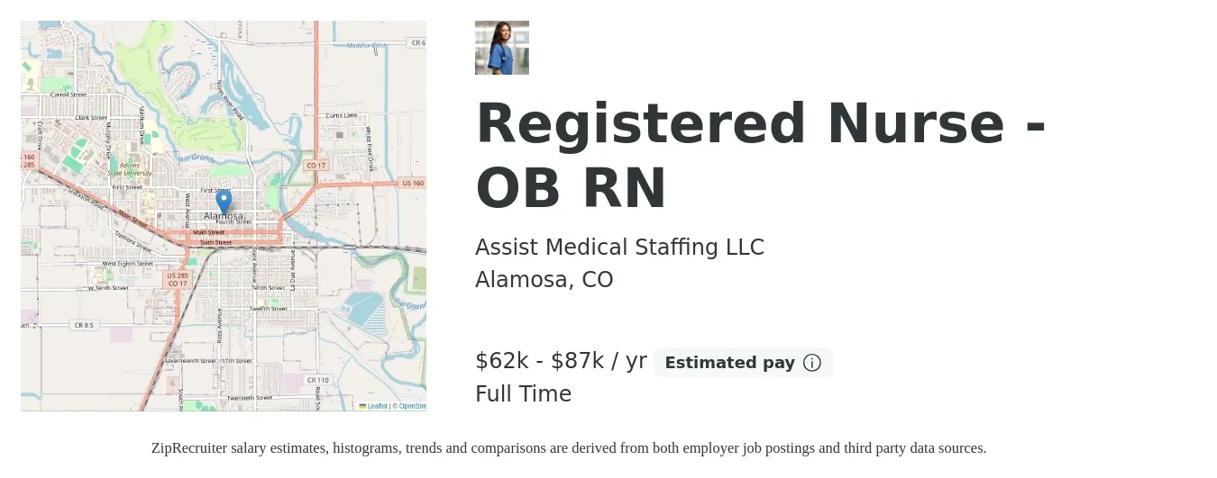 Assist Medical Staffing LLC job posting for a Registered Nurse - OB RN in Alamosa, CO with a salary of $62,400 to $87,131 Yearly with a map of Alamosa location.