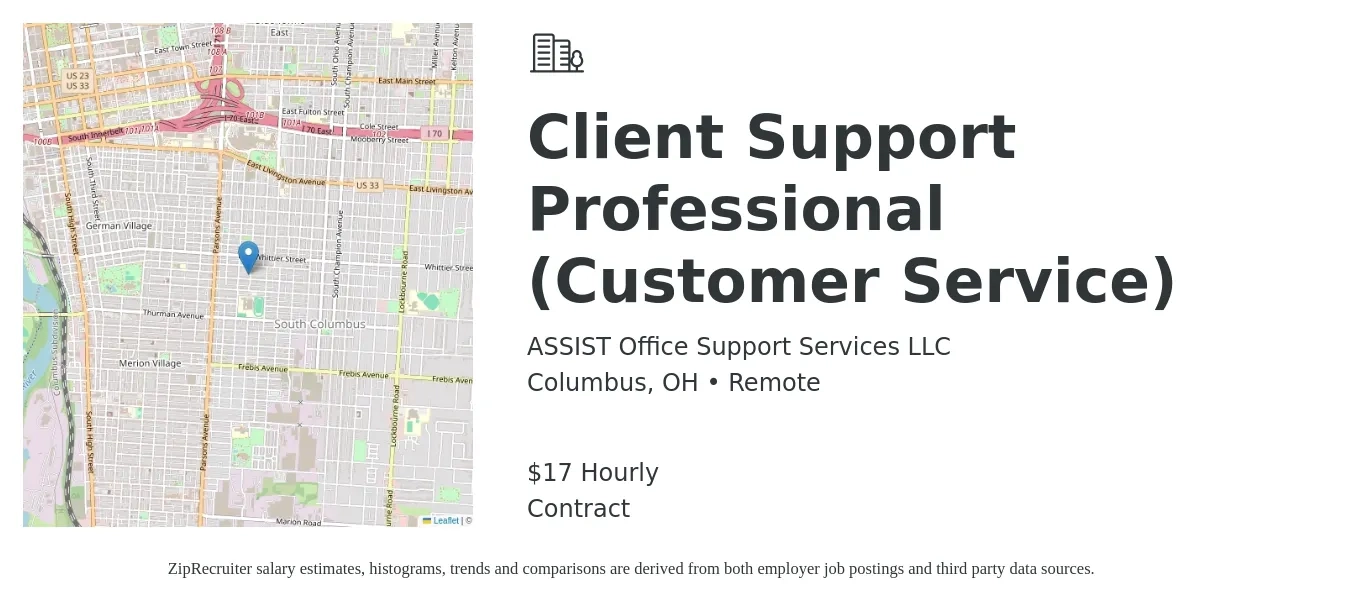 ASSIST Office Support Services LLC job posting for a Client Support Professional (Customer Service) in Columbus, OH with a salary of $18 Hourly with a map of Columbus location.