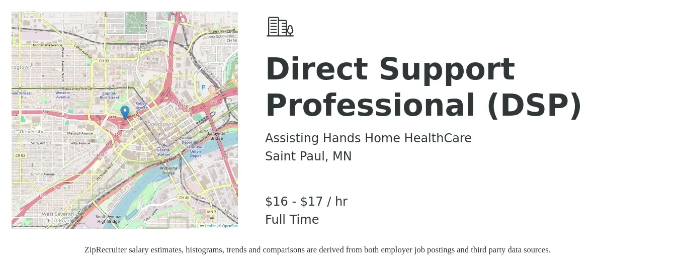 Assisting Hands Home HealthCare job posting for a Direct Support Professional (DSP) in Saint Paul, MN with a salary of $17 to $18 Hourly with a map of Saint Paul location.