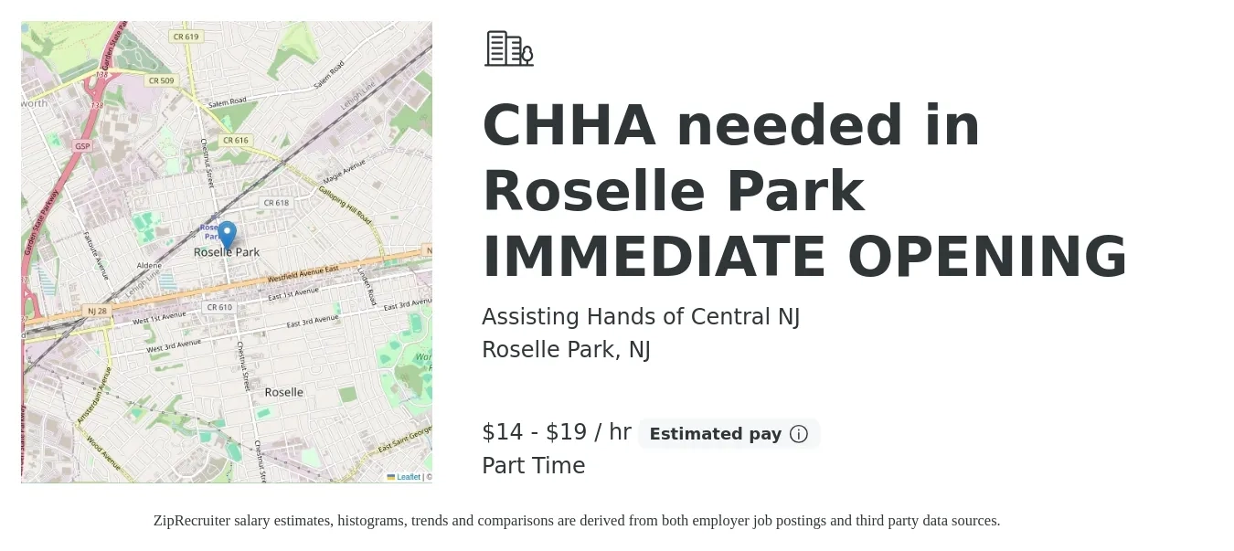 Assisting Hands of Central NJ job posting for a CHHA needed in Roselle Park IMMEDIATE OPENING in Roselle Park, NJ with a salary of $15 to $20 Hourly with a map of Roselle Park location.