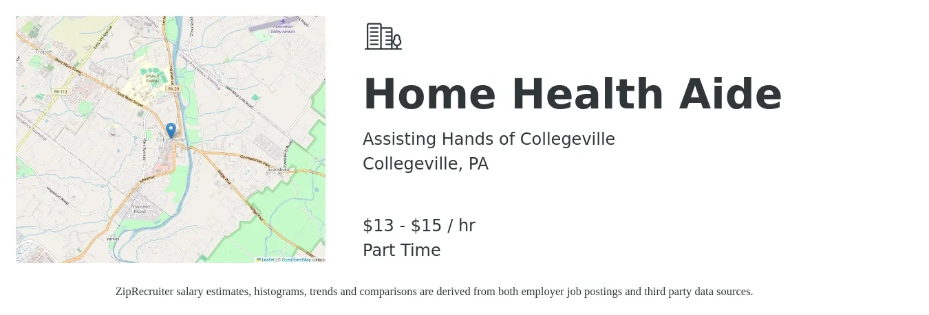 Assisting Hands of Collegeville job posting for a Home Health Aide in Collegeville, PA with a salary of $14 to $16 Hourly with a map of Collegeville location.