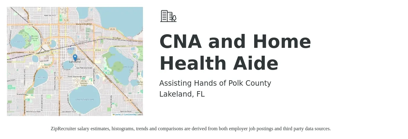 Assisting Hands of Polk County job posting for a CNA and Home Health Aide in Lakeland, FL with a salary of $14 to $16 Hourly with a map of Lakeland location.