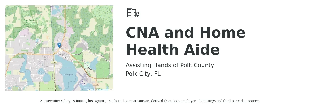 Assisting Hands of Polk County job posting for a CNA and Home Health Aide in Polk City, FL with a salary of $14 to $16 Hourly with a map of Polk City location.