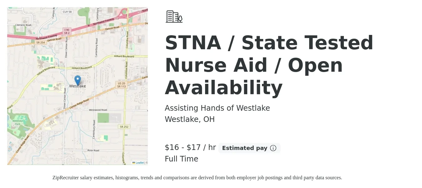 Assisting Hands of Westlake job posting for a STNA / State Tested Nurse Aid / Open Availability in Westlake, OH with a salary of $17 to $18 Hourly with a map of Westlake location.