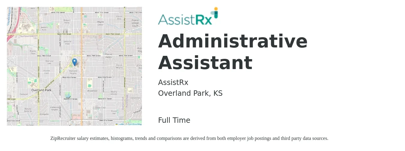 AssistRx job posting for a Administrative Assistant in Overland Park, KS with a salary of $18 to $24 Hourly with a map of Overland Park location.