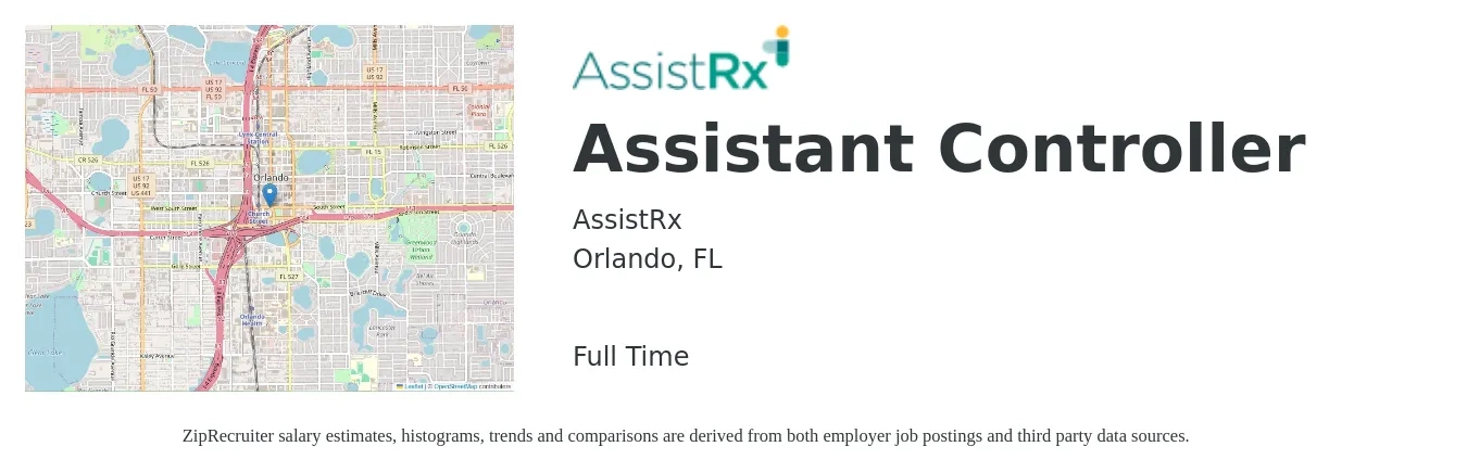 AssistRx job posting for a Assistant Controller in Orlando, FL with a salary of $77,900 to $111,100 Yearly with a map of Orlando location.
