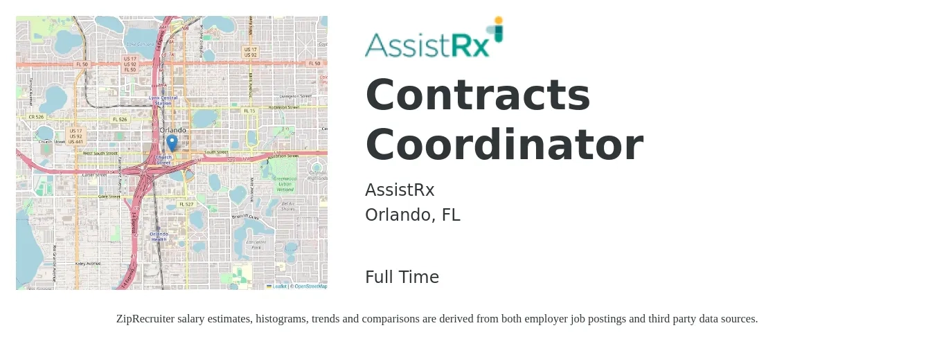 AssistRx job posting for a Contracts Coordinator in Orlando, FL with a salary of $22 to $32 Hourly with a map of Orlando location.