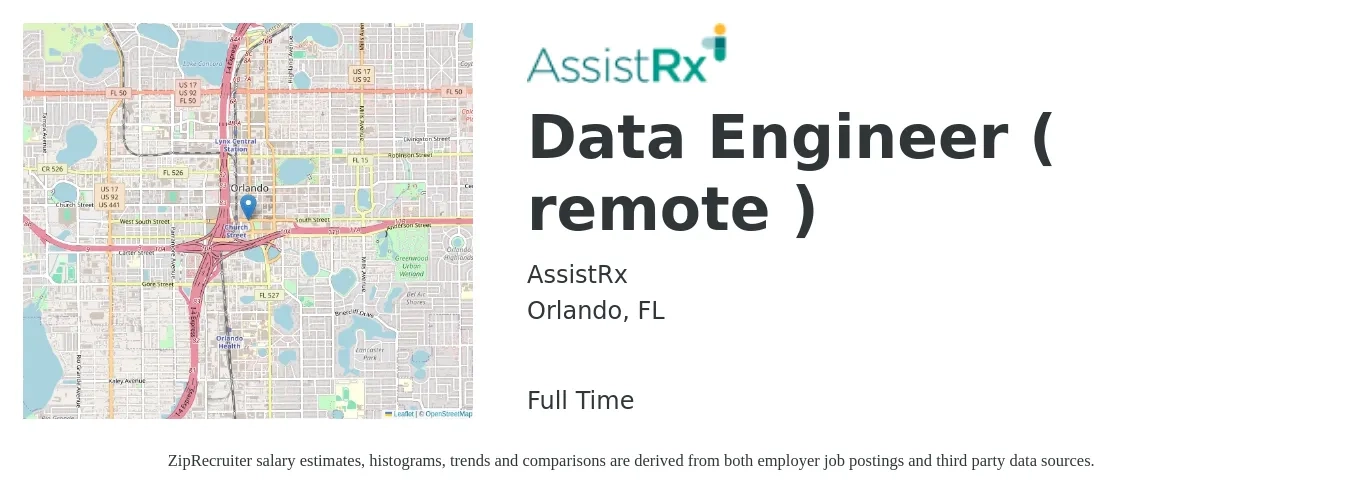 AssistRx job posting for a Data Engineer ( remote ) in Orlando, FL with a salary of $106,800 to $128,300 Yearly with a map of Orlando location.