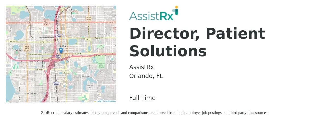 AssistRx job posting for a Director, Patient Solutions in Orlando, FL with a salary of $93,400 to $136,300 Yearly with a map of Orlando location.