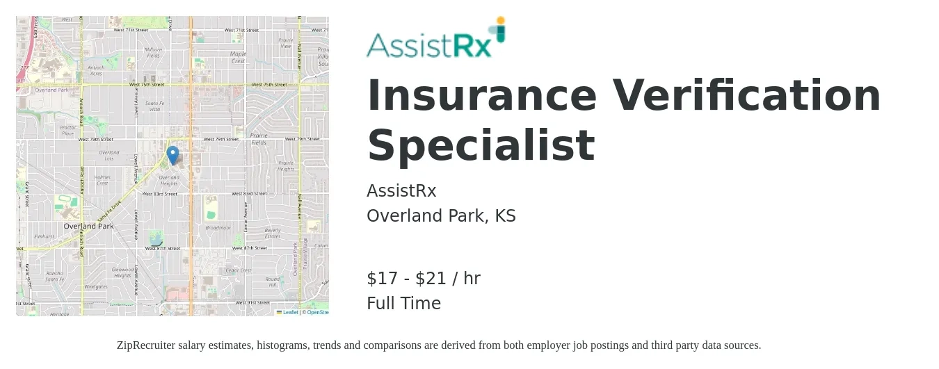 AssistRx job posting for a Insurance Verification Specialist in Overland Park, KS with a salary of $18 to $22 Hourly with a map of Overland Park location.