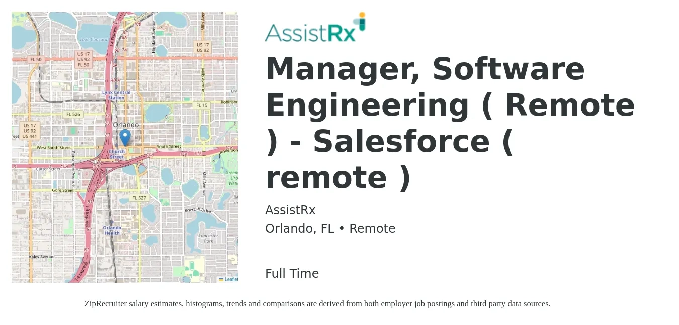 AssistRx job posting for a Manager, Software Engineering ( Remote ) - Salesforce ( remote ) in Orlando, FL with a salary of $161,400 Yearly with a map of Orlando location.
