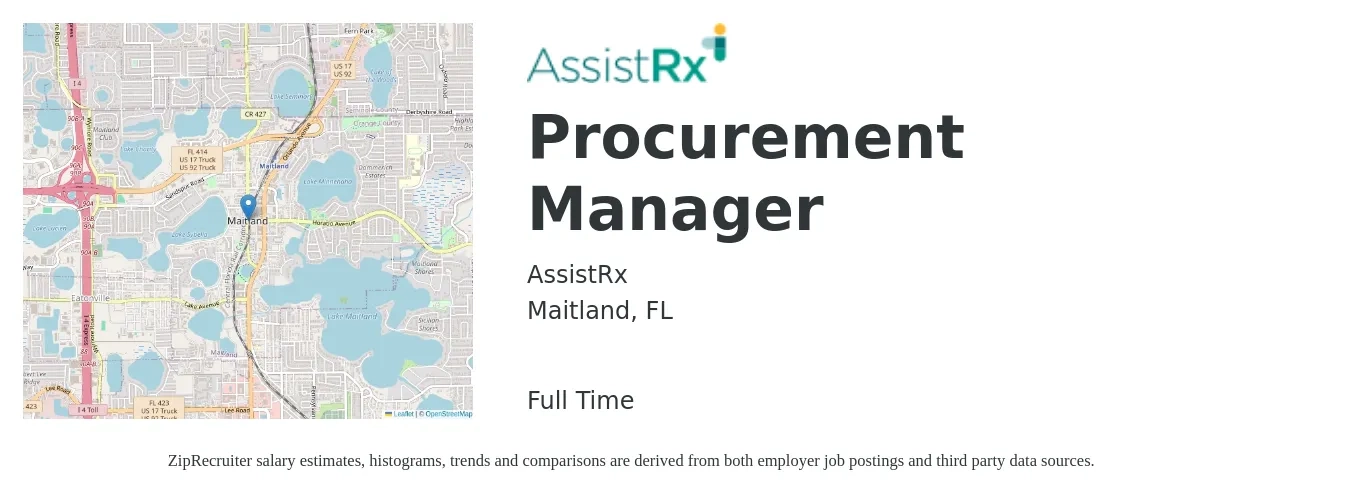 AssistRx job posting for a Procurement Manager in Maitland, FL with a salary of $68,700 to $105,900 Yearly with a map of Maitland location.