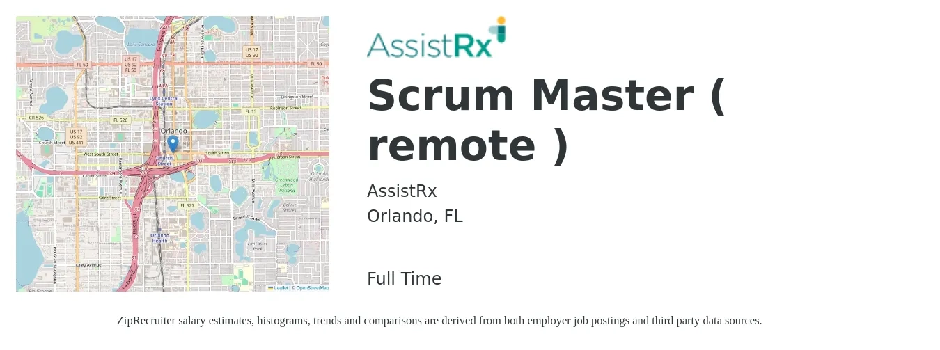 AssistRx job posting for a Scrum Master ( remote ) in Orlando, FL with a salary of $48 to $64 Hourly with a map of Orlando location.