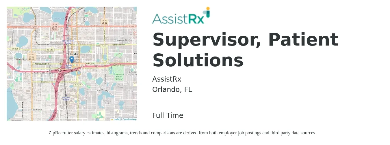AssistRx job posting for a Supervisor, Patient Solutions in Orlando, FL with a salary of $47,600 to $73,700 Yearly with a map of Orlando location.