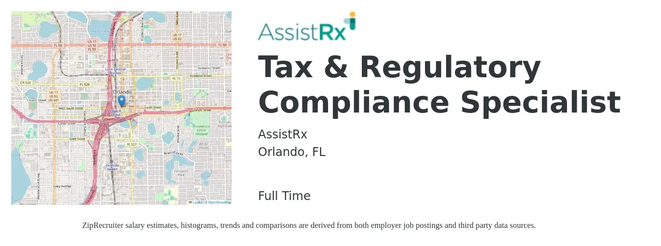 AssistRx job posting for a Tax & Regulatory Compliance Specialist in Orlando, FL with a salary of $92,000 Yearly with a map of Orlando location.