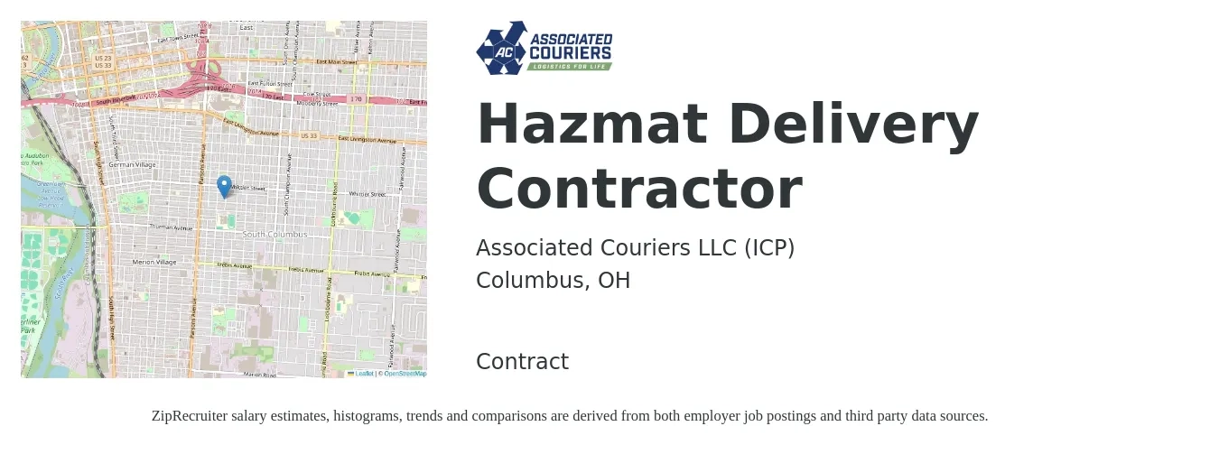 Associated Couriers LLC (ICP) job posting for a Hazmat Delivery Contractor in Columbus, OH with a salary of $400 to $450 Daily with a map of Columbus location.