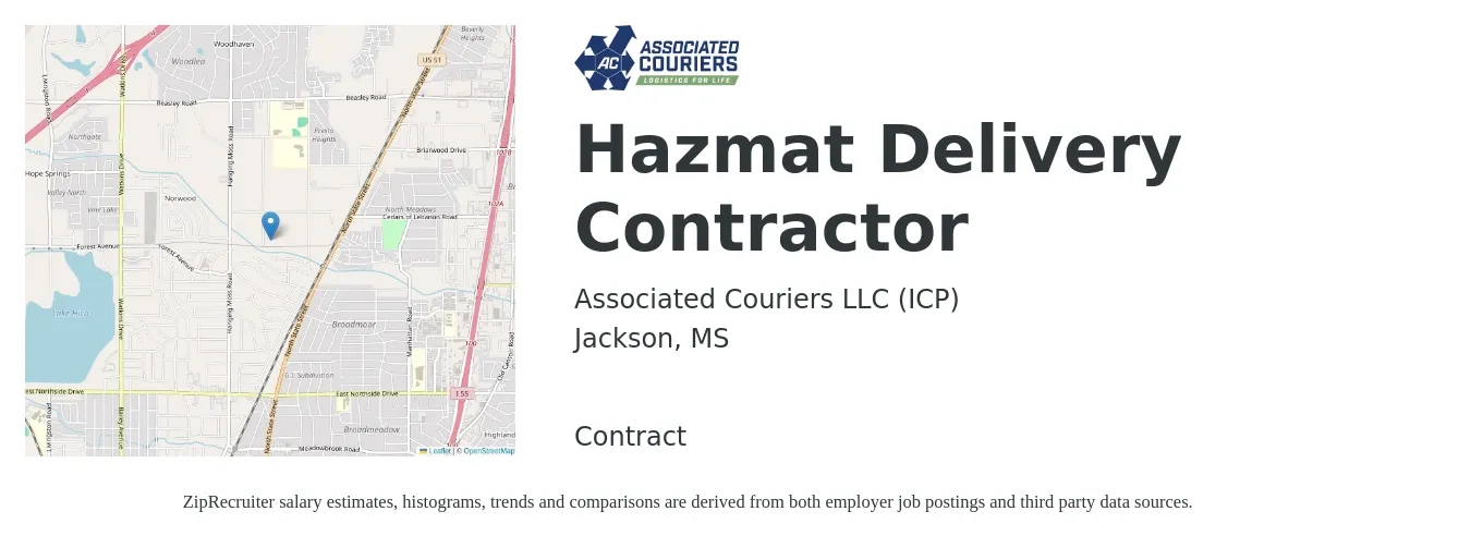 Associated Couriers LLC (ICP) job posting for a Hazmat Delivery Contractor in Jackson, MS with a salary of $500 to $1,500 Weekly with a map of Jackson location.