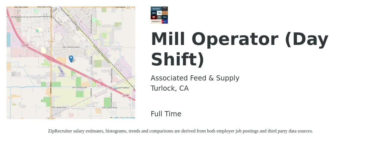 Associated Feed & Supply job posting for a Mill Operator (Day Shift) in Turlock, CA with a salary of $18 to $24 Hourly with a map of Turlock location.